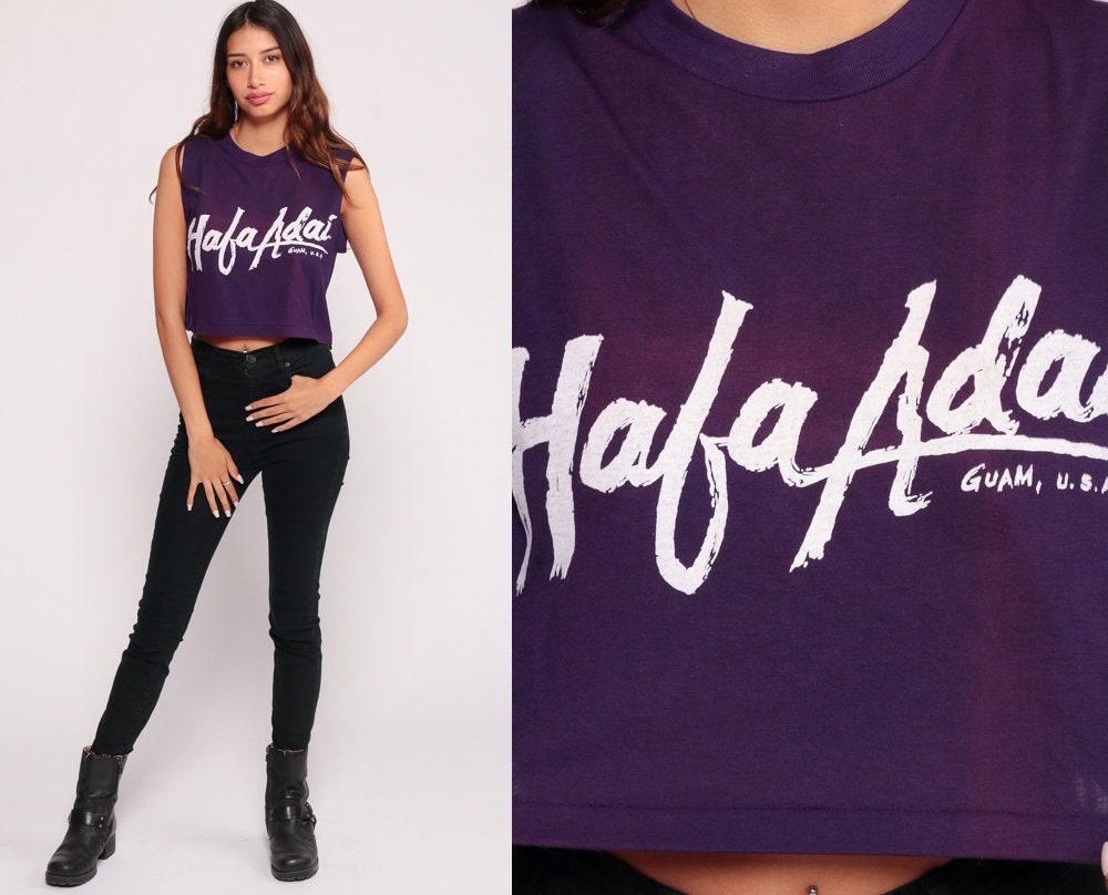 80s Hafa Adai Guam Graphic Tank Top Crop Purple Cotton Small Medium