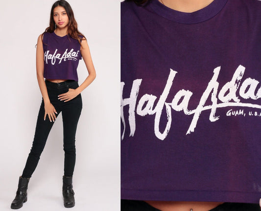 80s Hafa Adai Guam Graphic Tank Top Crop Purple Cotton Small Medium