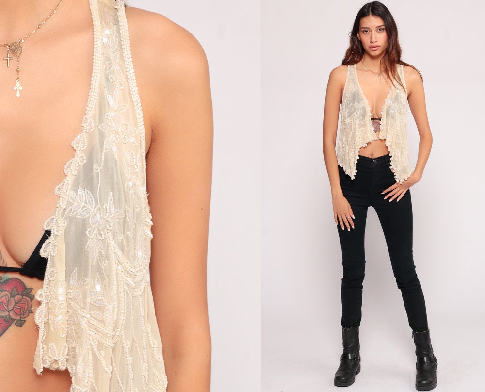90s White Beaded Sequin Gauze Vest Top Sheer Blouse Extra Small