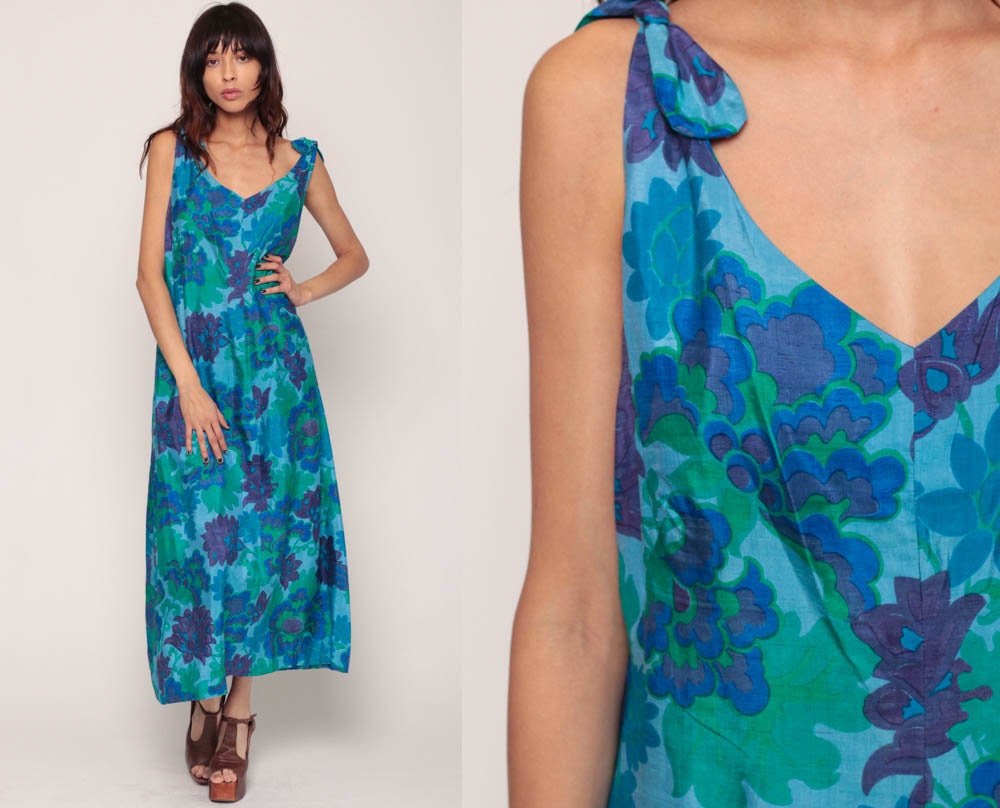 1970s Floral Maxi Dress Blue Green V-Neck Sleeveless Tie Shoulder Extra Large