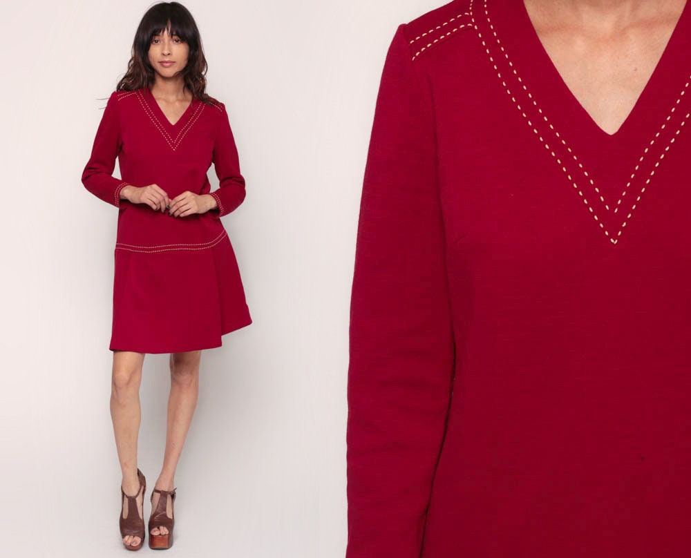 1970s Mod Mini Dress Wool Blend Red Drop Waist Long Sleeve Medium