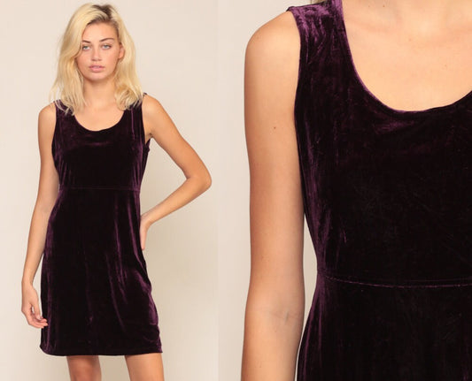 90s Purple Velvet Mini Dress Sleeveless High Waist Medium Large