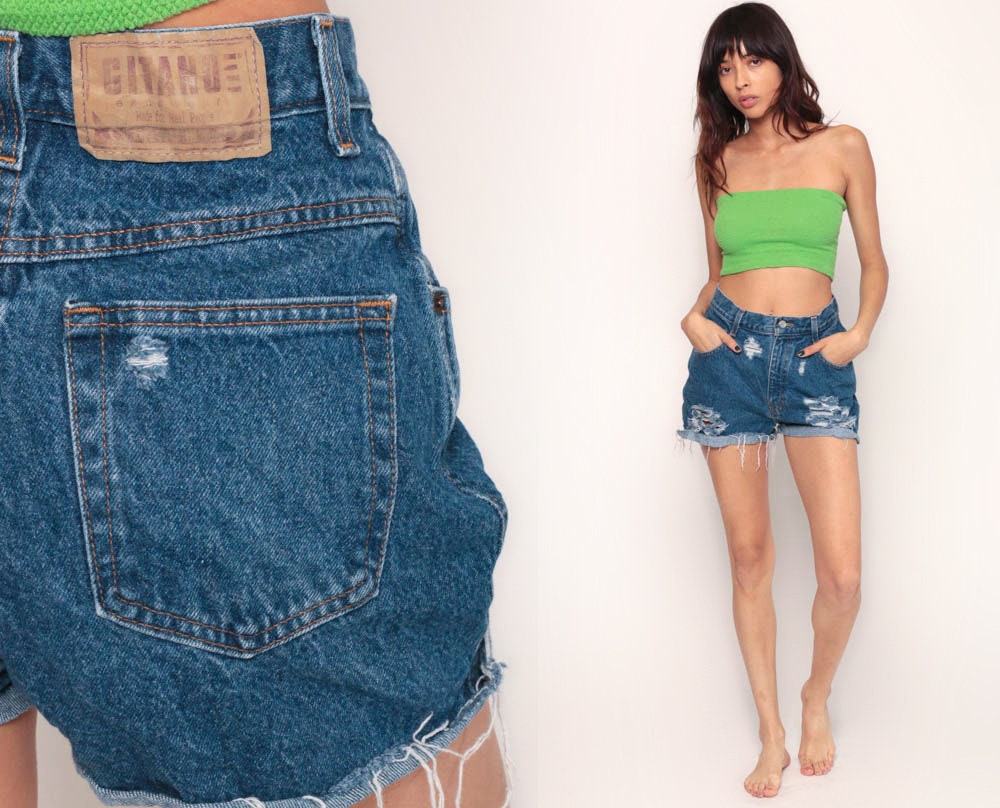 80s Gitano High Waisted Denim Cutoff Shorts Ripped Blue Small