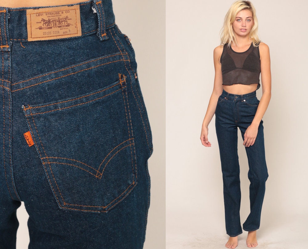 70s Levis Bell Bottom Jeans Dark Blue High Waist Denim Flared Extra Small
