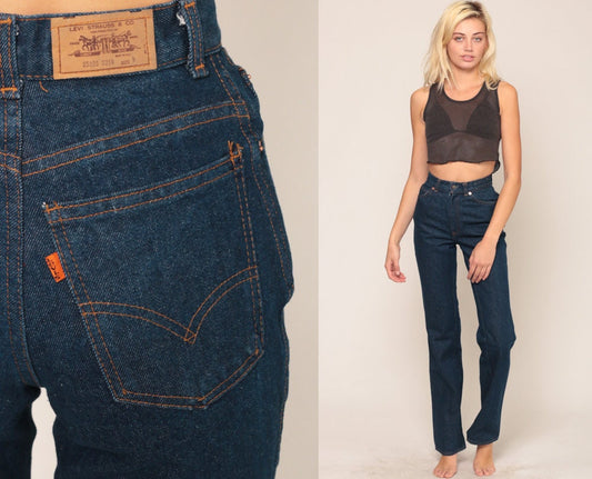 70s Levis Bell Bottom Jeans Dark Blue High Waist Denim Flared Extra Small