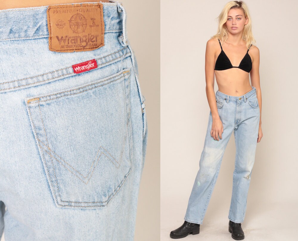 Wrangler 80s Mom Jeans High Waisted Tapered Distressed Blue Denim Large 33