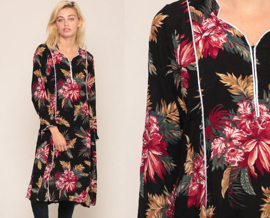 90s Black Floral Tunic Dress High Side Slit Long Sleeve Midi Large