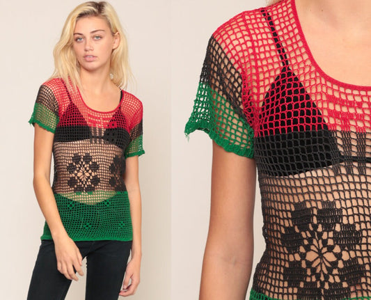90s Crochet Mesh Floral Sheer Blouse Short Sleeve Red Black Green Extra Small