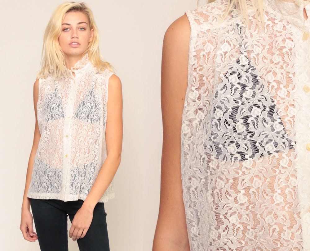 70s White Lace Blouse Sheer Ruffle Collar Button-Up Sleeveless Extra Large XL