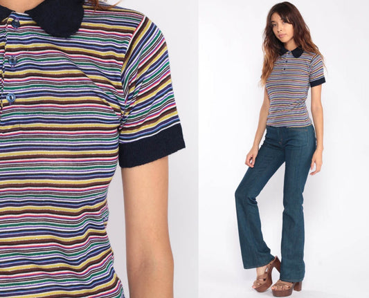 80s Rainbow Striped Polo Shirt Gold Metallic Half Button Short Sleeve Extra Small