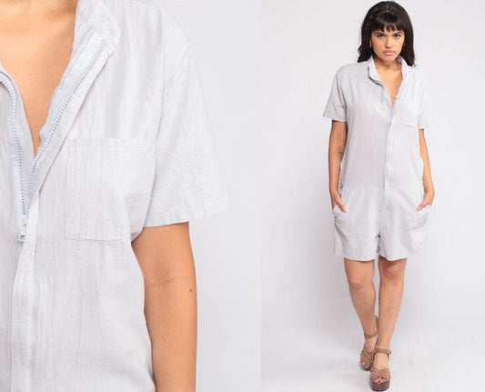 80s Grey Cotton Romper Playsuit Zip Front Pockets Short Sleeve Medium