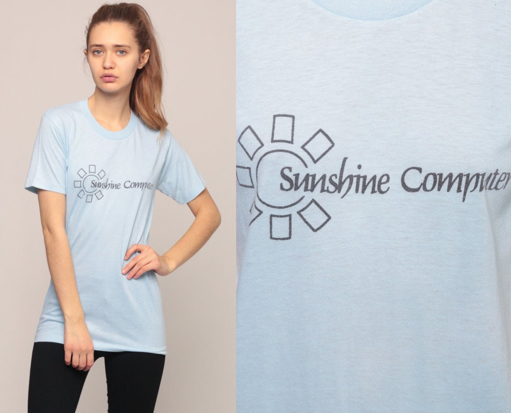 80s Sunshine Computer Graphic T-Shirt Baby Blue Burnout Tee Extra Small