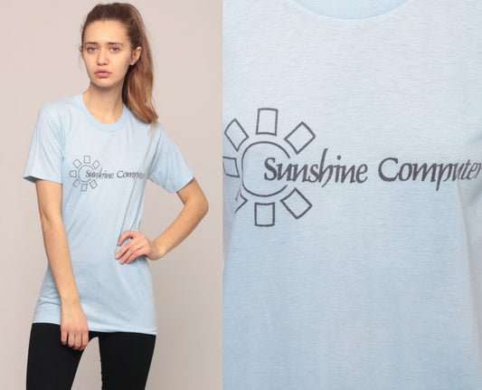 80s Sunshine Computer Graphic T-Shirt Baby Blue Burnout Tee Extra Small