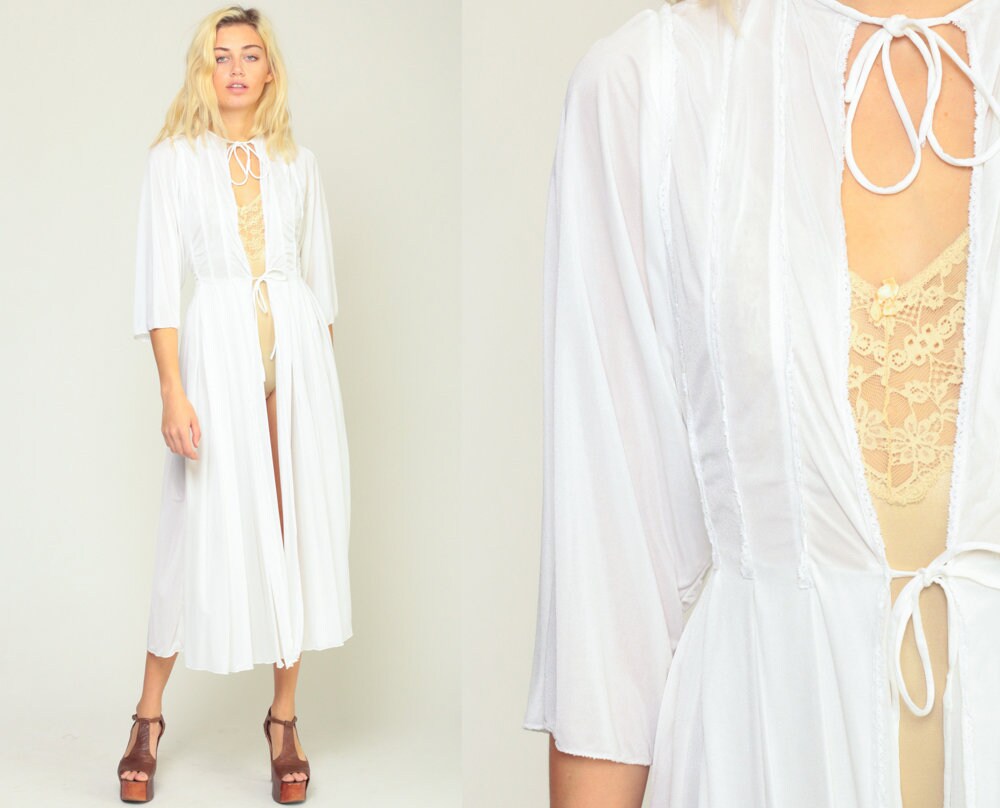 70s White Pleated Lingerie Robe Semi-Sheer Midi Kimono Small