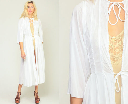 70s White Pleated Lingerie Robe Semi-Sheer Midi Kimono Small