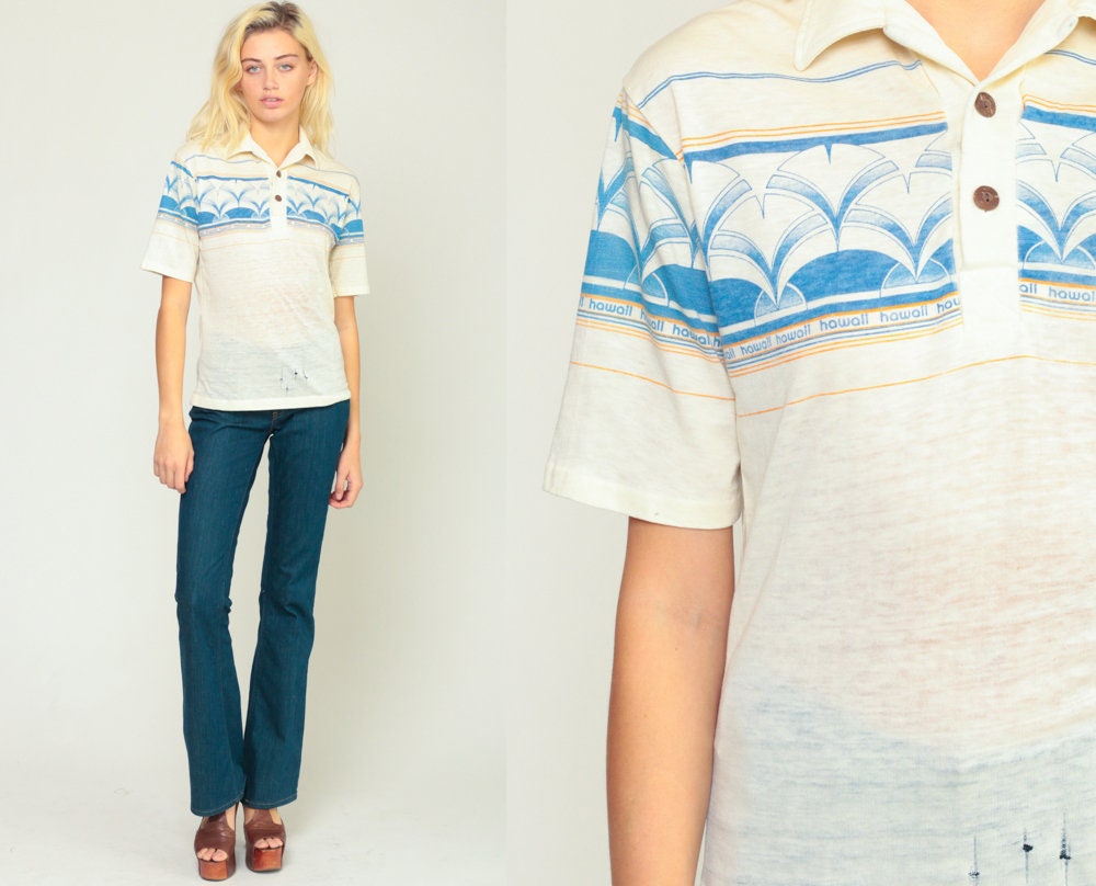 70s Striped Hawaii Polo Shirt Burnout Distressed Pointed Collar Small