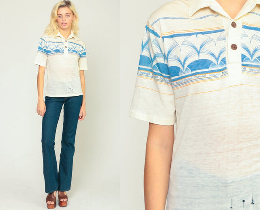 70s Striped Hawaii Polo Shirt Burnout Distressed Pointed Collar Small