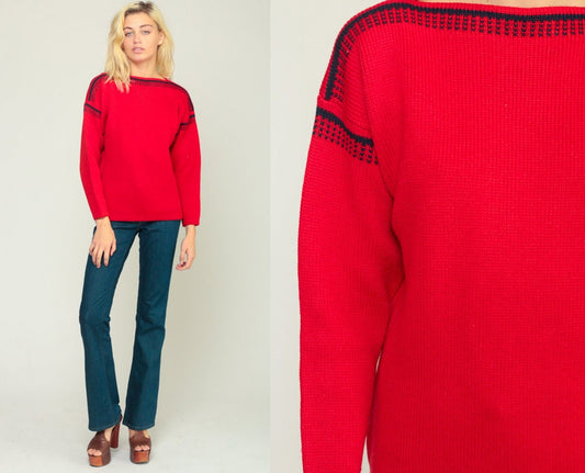 70s Red Boatneck Knit Sweater Pullover Jumper Medium Large
