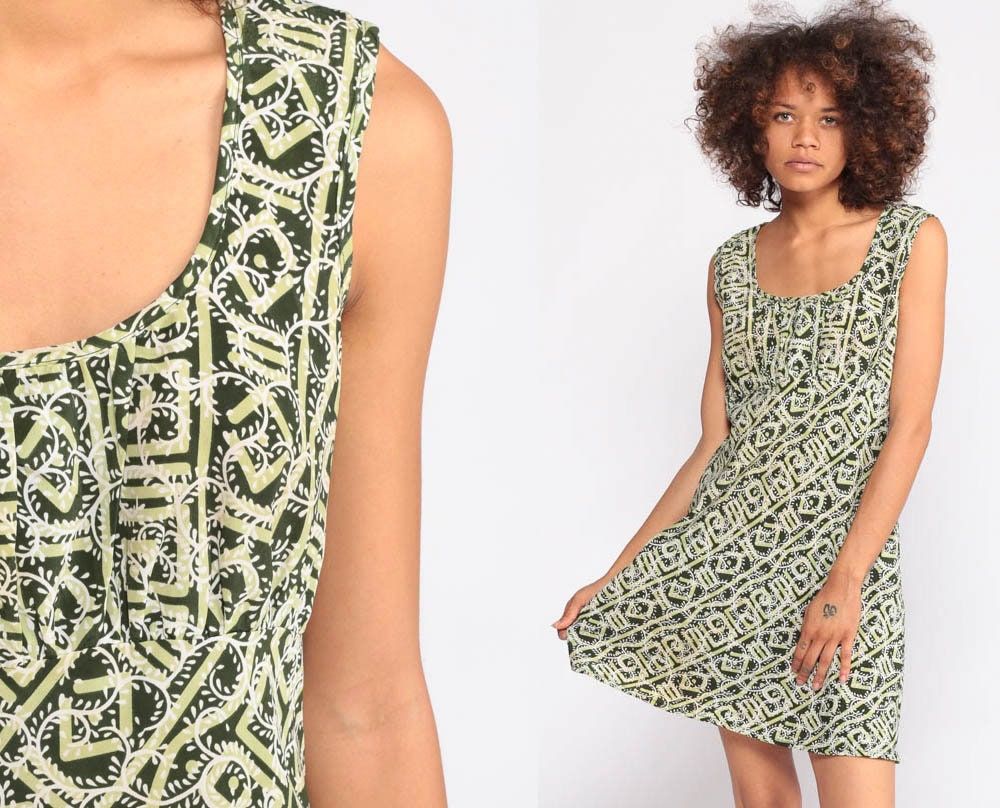 90s Babydoll Dress Tribal Print Empire Waist Mini Green Small