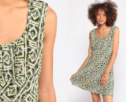 90s Babydoll Dress Tribal Print Empire Waist Mini Green Small