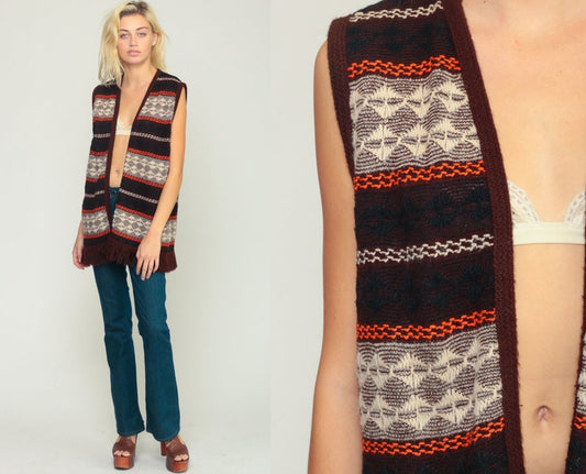 70s Tribal Print Fringe Knit Vest Brown Sleeveless Large