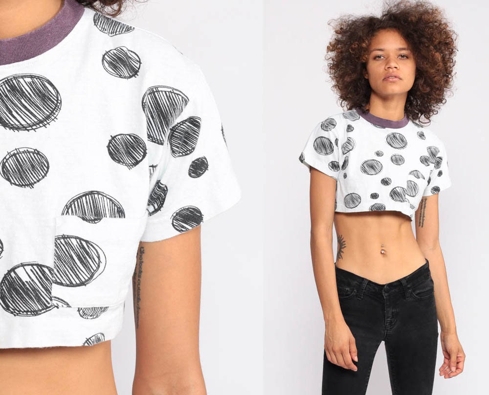 90s Polka Dot Ringer Crop Top White Black Cotton Tee Extra Small