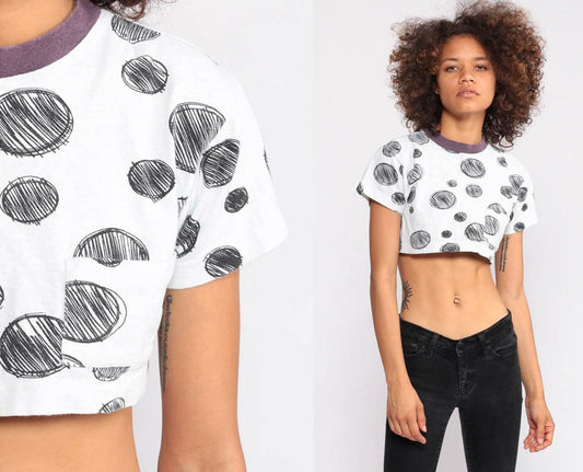 90s Polka Dot Ringer Crop Top White Black Cotton Tee Extra Small