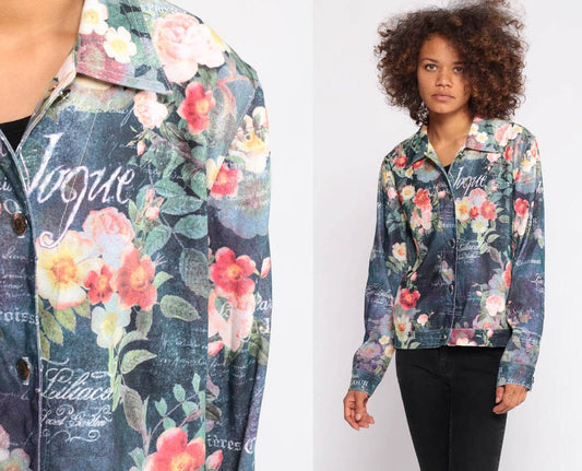 90s Vogue Floral Button-Up Shirt Long Sleeve Blue Extra Small