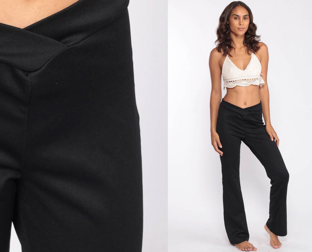 90s Black Bell Bottom Pants V-Waist Flared Trousers Extra Small XS