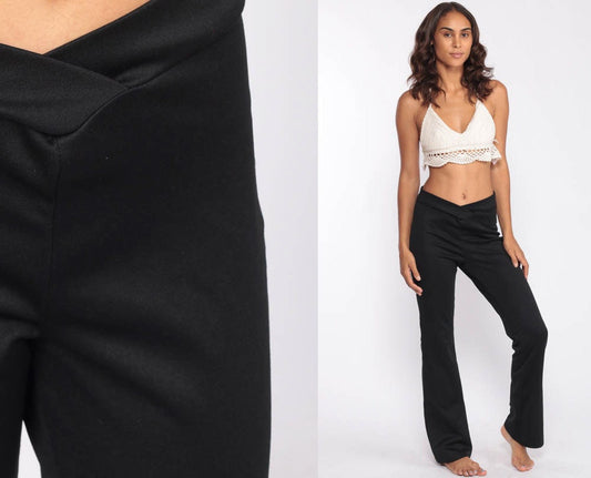 90s Black Bell Bottom Pants V-Waist Flared Trousers Extra Small XS