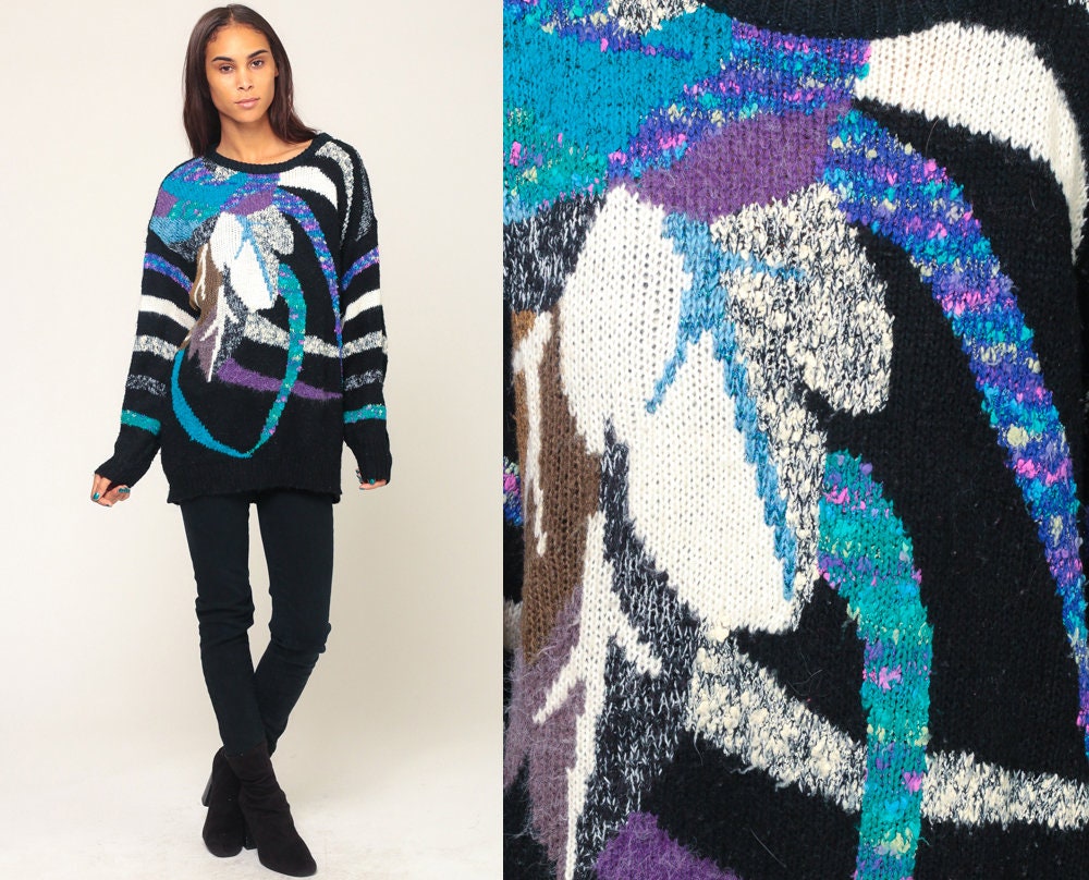 80s Leaf Print Knit Pullover Black Purple Abstract Sweater Extra Large