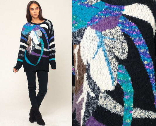 80s Leaf Print Knit Pullover Black Purple Abstract Sweater Extra Large
