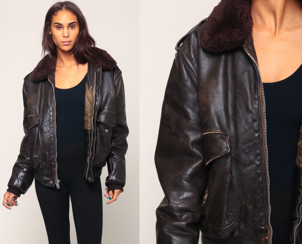 80s Brown Leather Bomber Jacket Faux Fur Collar Unisex Large