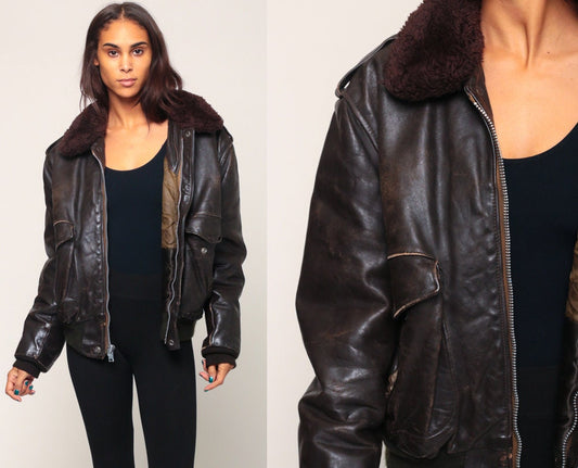 80s Brown Leather Bomber Jacket Faux Fur Collar Unisex Large