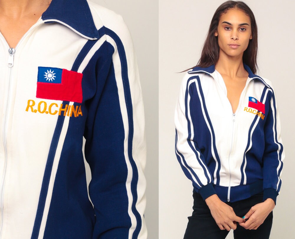 70s ROC China Track Jacket Blue Zip-Up Sweatshirt Small Medium