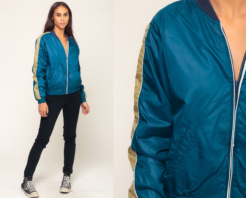 80s Blue Striped Bomber Jacket Nylon Zip-Up Small Medium