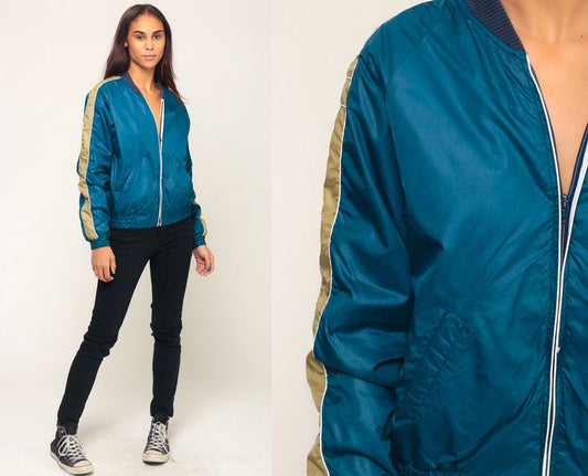 80s Blue Striped Bomber Jacket Nylon Zip-Up Small Medium