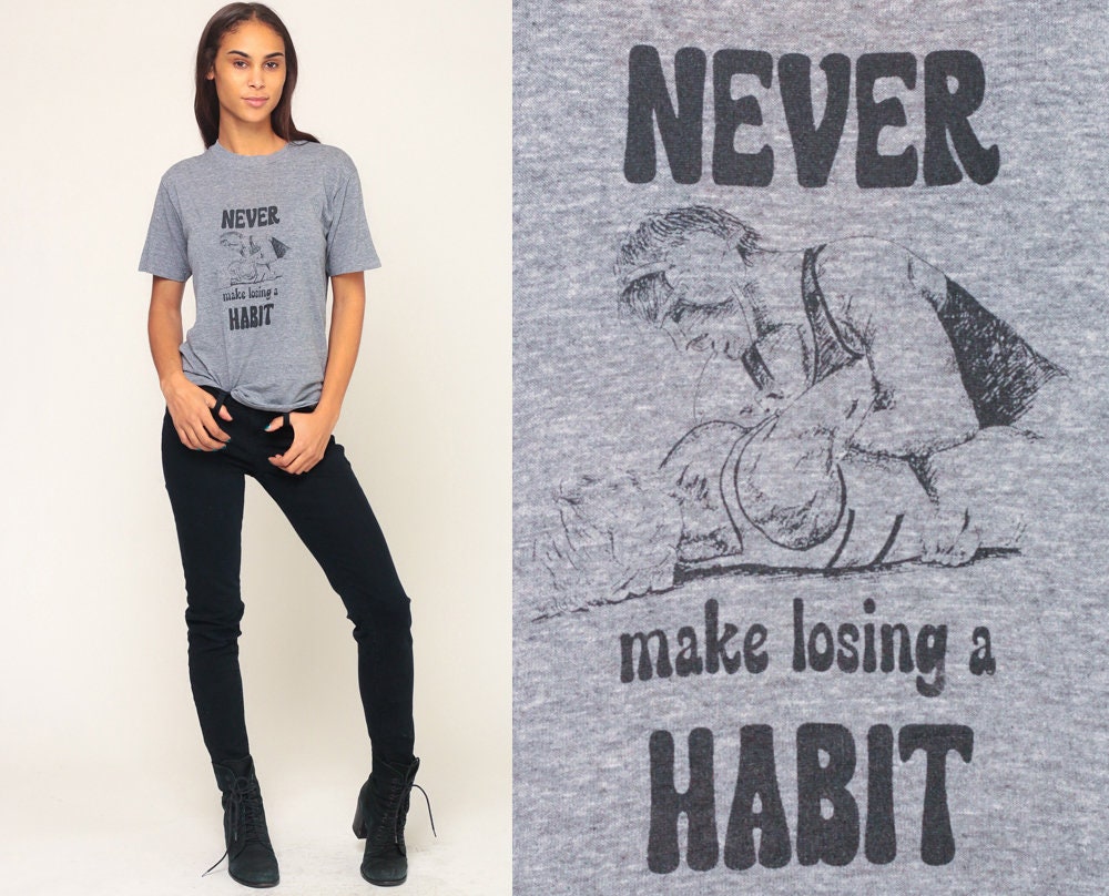 80s Wrestling Graphic T-Shirt Never Make Losing A Habit Grey Medium