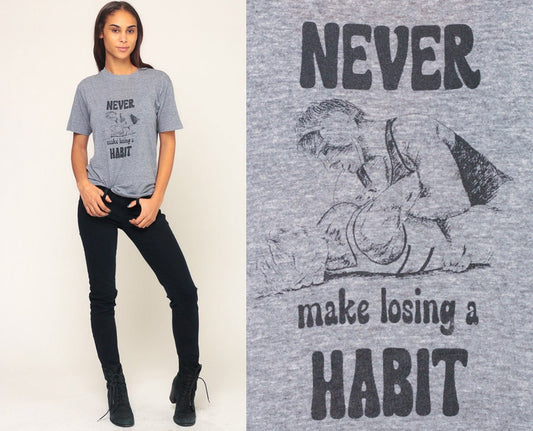 80s Wrestling Graphic T-Shirt Never Make Losing A Habit Grey Medium