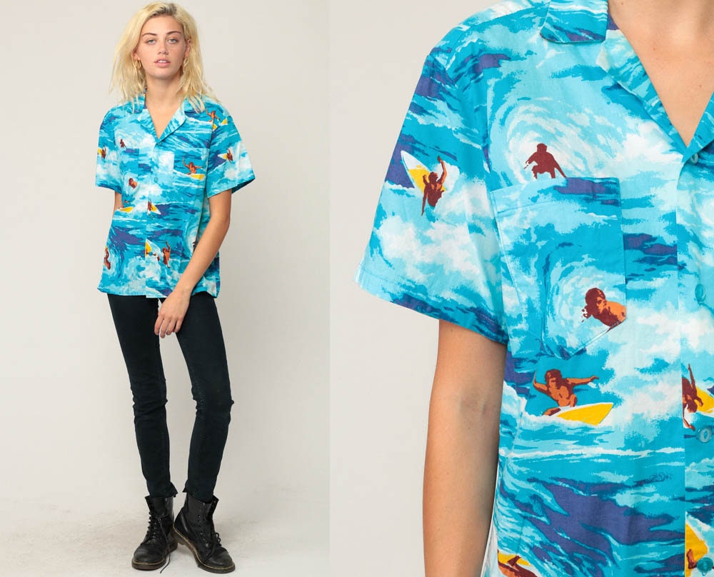 80s Hawaiian Surfer Shirt Button Up Tropical Print Blue Unisex Medium Large
