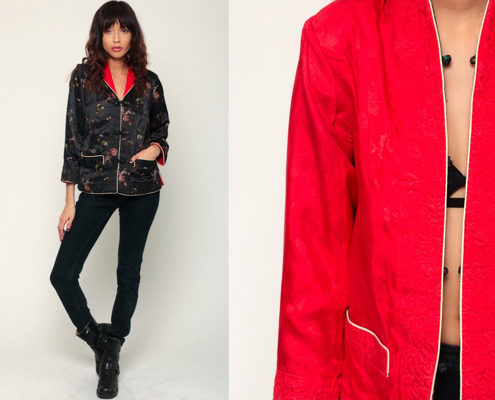 90s Chinese Reversible Satin Jacket Black Red Embroidered Mandarin Collar Small