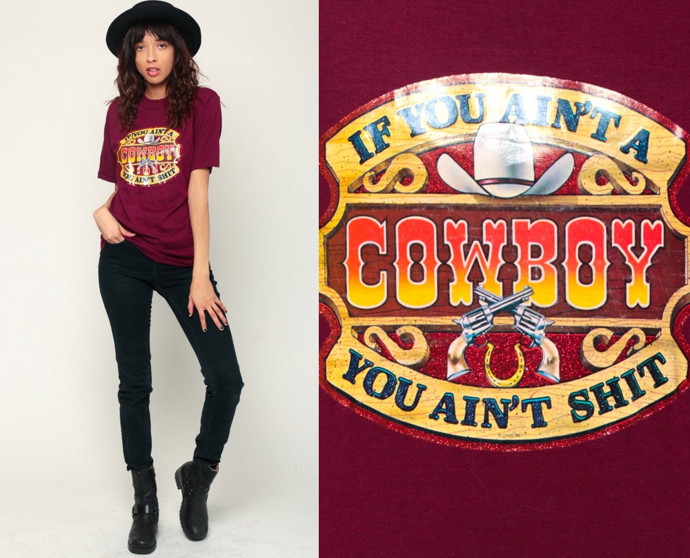 80s Cowboy Graphic T-Shirt Iron On Burgundy Unisex Large