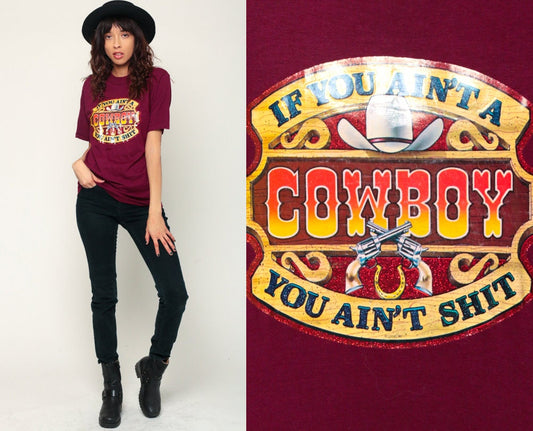 80s Cowboy Graphic T-Shirt Iron On Burgundy Unisex Large
