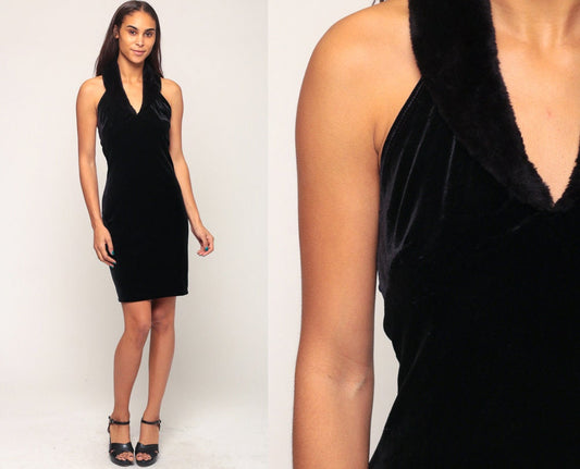 90s Black Velvet Mini Dress Halter Neck Faux Fur Collar Small
