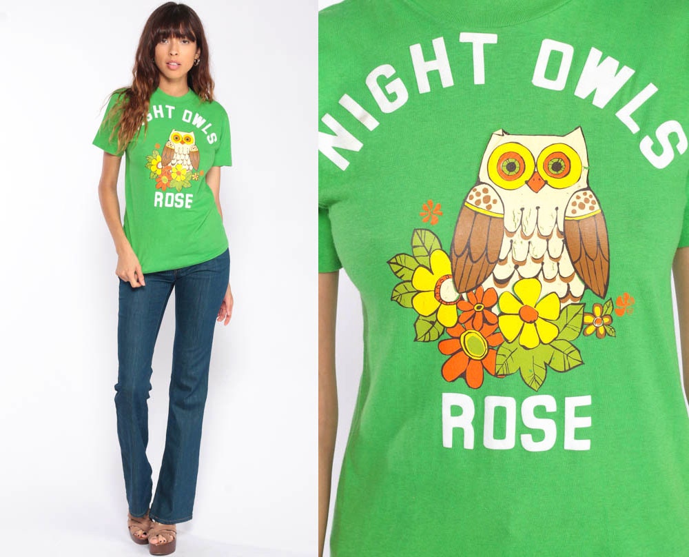 70s Night Owls Rose Owl Graphic T-Shirt Green Extra Small