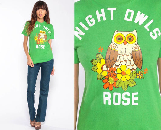 70s Night Owls Rose Owl Graphic T-Shirt Green Extra Small