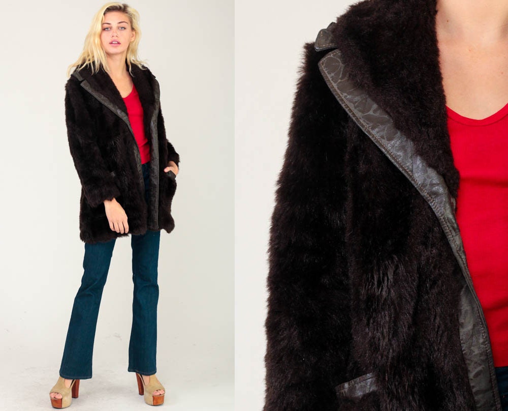 70s Faux Fur Jacket Brown Leather Trim Distressed Medium