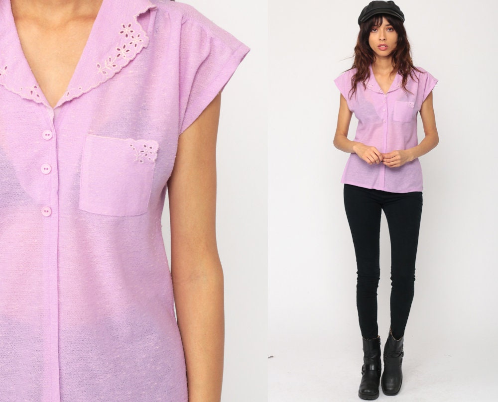 70s Lavender Button-Up Blouse Cap Sleeve Floral Eyelet Cutout Small Medium