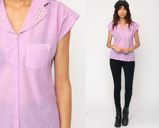 70s Lavender Button-Up Blouse Cap Sleeve Floral Eyelet Cutout Small Medium