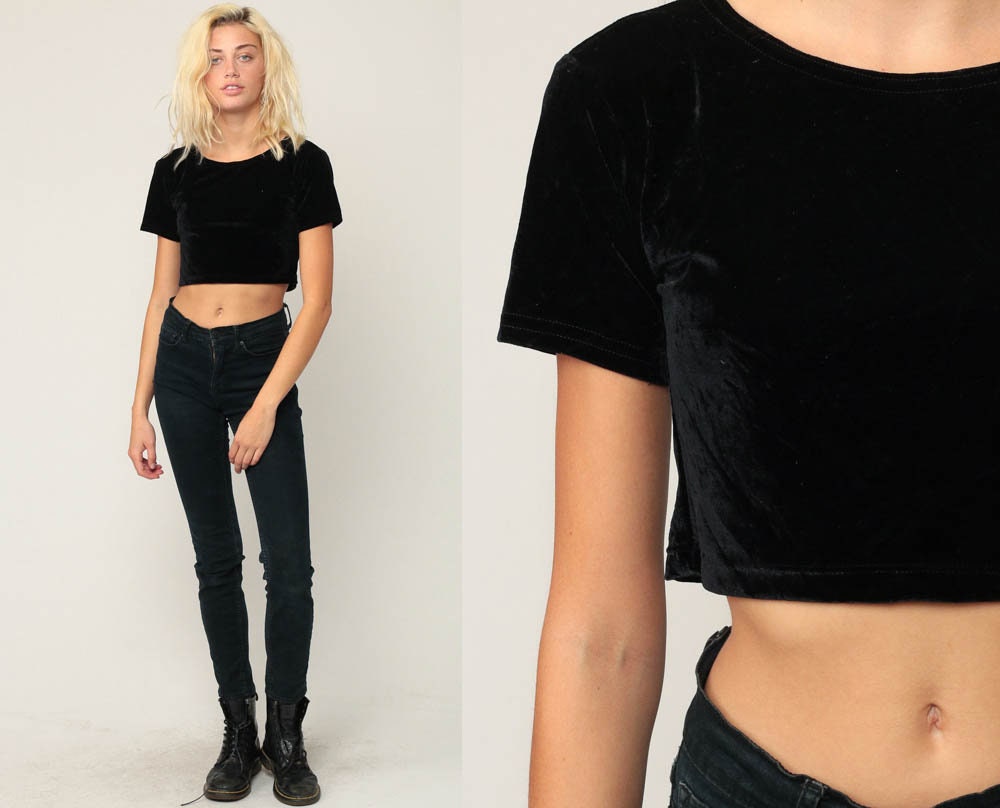 90s Black Velvet Crop Top Short Sleeve Blouse Extra Small